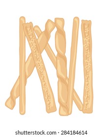 a vector illustration in eps 8 format of delicious crispy golden bread sticks in different shapes on a white background