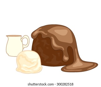 a vector illustration in eps 8 format of a sticky toffee pudding with toffee sauce and a scoop of vanilla ice cream on a white background