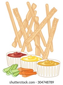 a vector illustration in eps 8 format of freshly baked breadsticks scattered on a white background with three dipping sauces and carrot and celery fingers