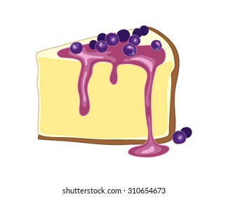 a vector illustration in eps 8 format of a slice of blueberry cheesecake with biscuit crust creamy cheese filling and sweet blueberries on top with a white background