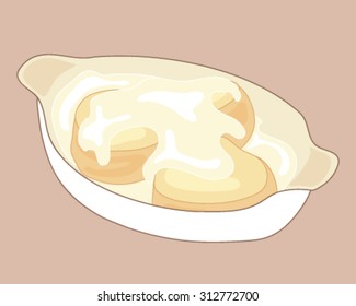 a vector illustration in eps 8 format of savory biscuits and gravy in a ceramic serving dish on a neutral background
