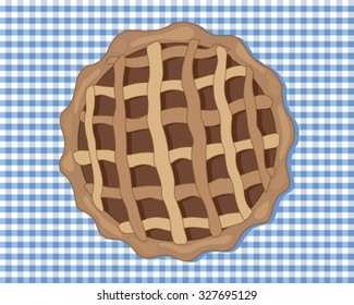 a vector illustration in eps 8 format of a chocolate tart viewed from above with a pastry case and a criss cross design on top with a blue gingham tablecloth
