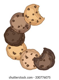a vector illustration in eps 8 format of a crescent shape formed from chocolate chip cookies on a white background