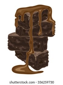 a vector illustration in eps 8 format of a stack of home made chocolate brownies with a rich chocolate sauce on a white background