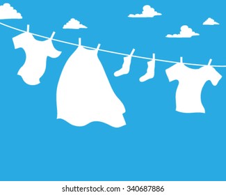a vector illustration in eps 8 format of a white washing line with bright white clothes on a bold blue background with fluffy white clouds
