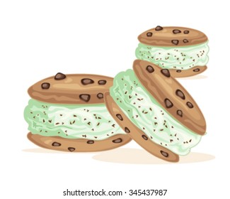 a vector illustration in eps 8 format of an ice cream sandwich made with home cooked chocolate chip cookies and a scoop of mint chocolate chip ice cream on a white background