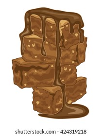 a vector illustration in eps 8 format of a pile of sticky fudge brownies with chocolate sauce on a white background