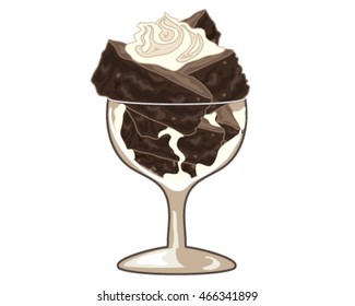 a vector illustration in eps 8 format of a fancy glass with chocolate brownie cake stacked with a swirl of whipped cream on a white background