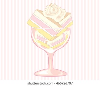 a vector illustration in eps 8 format of a fancy glass with angel cake stacked with a swirl of whipped cream on a pink stripe background