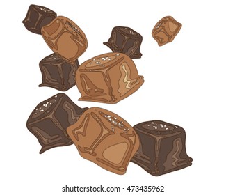 A Vector Illustration In Eps 8 Format Of A Salted Caramel Candy Pieces On A White Background