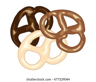 a vector illustration in eps 8 format of dark milk and white chocolate covered pretzel snacks on a white background in advert format