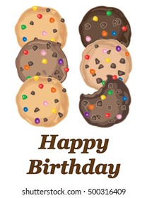 a vector illustration in eps 8 format of a birthday card greeting with colorful candy cookies on a white background
