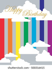 a vector illustration in eps 8 format of a stylized greeting card with the words happy birthday above a rainbow with fluffy clouds
