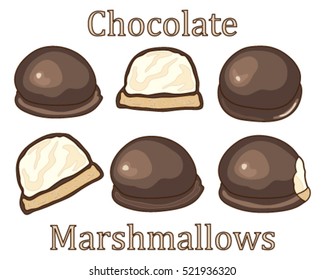 a vector illustration in eps 8 format of chocolate covered marshmallow symbols in advertisement format with halves whole and bites on a white background