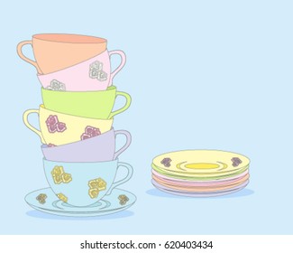 a vector illustration in eps 8 format of colorful tea cups with design for afternoon tea on a light blue background