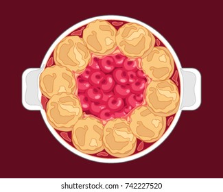 a vector illustration in eps 8 format of a fresh cherry cobbler with baked scones in a pie dish on a red background