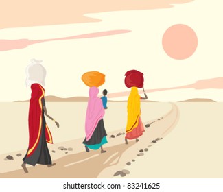 vector illustration in eps 8 format of three women carrying bundles and a small child as they walk towards the setting sun.