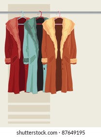 vector illustration in eps 8 format of three faux fur coats hanging on a rail,