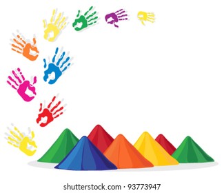vector illustration in eps 8 format of colorful hand prints and paint powder in celebration of the hindu religious festival of holi