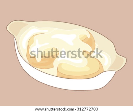 a vector illustration in eps 8 format of savory biscuits and gravy in a ceramic serving dish on a neutral background