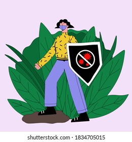 ilustración vectorial eps 8 machos con pandemia de lucha de escudos y máscaras. lucha contra el coronavirus.Agentes protectores contra el virus.Plantas en segundo plano.Salud de los jóvenes de carácter masculino, sistema inmunitario