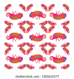 Vector illustration. EPS.  Chameleon kaleidoscope. Pattern. Funny chameleons . 