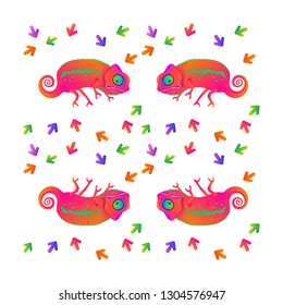 Vector illustration. EPS. Funny chameleons . Multi-colored chameleons and arrows. 