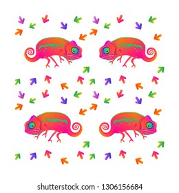 Vector illustration. EPS. Multi-colored chameleons and arrows. Fun pattern.