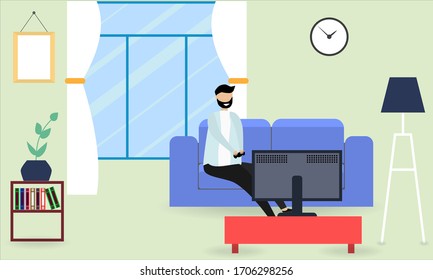Vector illustration of EPS. Stay home. The gamer plays at home. Coronavirus isolation mode. Quarantine against the virus.