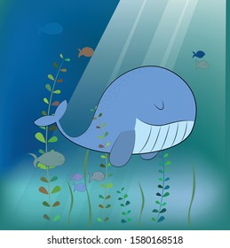 Vector illustration eps. The underwater world, painted sleeping whale, small fish, algae and rays of the sun.