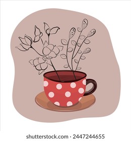 Vector illustration EPS10 of a cup with twigs of plants. The graphic illustration is hand-drawn for the design of tea or coffee packaging, logo, stickers, labels, postcards, websites, menus.