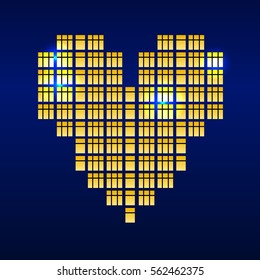 Vector illustration EPS10 editable. Heart of city windows. Heart bit. Pixel art. Love.