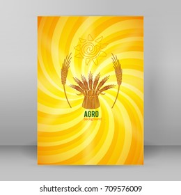Vector illustration eps10 Elements design - Includes silhouette cereal sheaf, spica spikes & organic agriculture theme, on Abstract spiral  background of bright glow perspective with lighting yellow