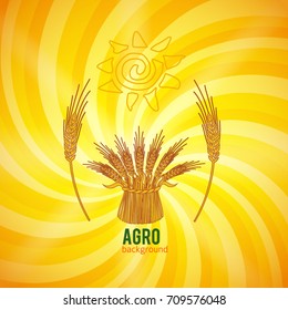 Vector illustration eps10 Elements design - Includes silhouette cereal sheaf, sun, spica spikes & organic agriculture theme, on Abstract spiral  background bright glow perspective with lighting yellow