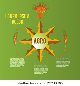 Vector illustration eps10 Elements design - Includes silhouette cereal sheaf, spica spikes & organic agriculture theme, on Abstract gradient background of bright glow perspective with lighting green