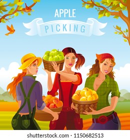Vector illustration eps10 fall landscape background. Realistic fall three young beautiful farm girl symbol, 3d apple picking basket. Cartoon cute rural country icon flat sign. Retro flat harvest sign