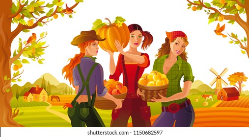 Vector illustration eps10 fall landscape background. Realistic fall three young beautiful farm girl symbol, 3d apple picking basket. Cartoon cute rural country icon flat sign. Retro flat harvest sign