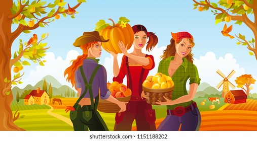 Vector illustration eps10 fall landscape background. Realistic fall three young beautiful farm girl symbol, 3d apple picking basket. Cartoon cute rural country icon flat sign. Retro flat harvest sign