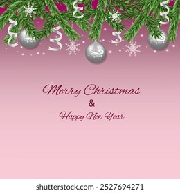 Vector illustration eps10. Festive transparent background with silver balls, snowflakes,christmas tree for creating holiday banners,ad,invitation.
Pink background can be changed in a separate layer