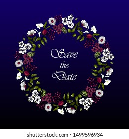 vector illustration eps10. Floral frame made from daisies, poppy, monstera, hibiscusflowers. Purple colors. hand drawing