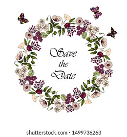  vector illustration eps10. Floral frame made from daisies, poppy, monstera, hibiscus flowers, butterfly. Purple colors. hand drawing