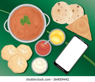 a vector illustration in eps10 format of an indian meal ordered from a smart phone with curry chapatti poori and sauces on a green leaf background