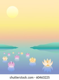 vector illustration in eps10 format of lotus flowers on a tranquil lake