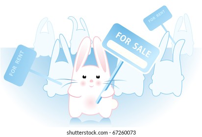 Vector illustration (eps10) - Funny rabbit holding sign FOR SALE. Crowd of rabbits on a background. Rabbit, a symbol of 2011, according to the Chinese calendar. Don't forget to buy a rabbit ;)