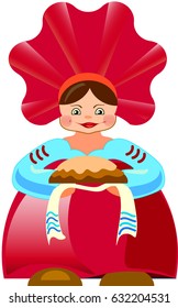 Vector illustration of eps10. Girl in red clothes with round bread on a towel. For registration of wedding invitation, family celebration, anniversary. The concept of hospitality cordiality