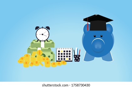 Vector illustration EPS10 of Graduation hat on blue piggy bank with Stack of gold coins money and banknote, Saving money for education concept