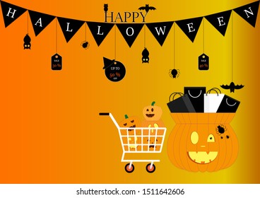 Vector illustration EPS10 of Halloween sale promotion with shopping bags in orange pumpkin and cute halloween pumpkins on model miniature shopping cart on yellow background, Happy holiday sale
