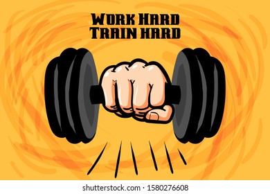 vector illustration eps10 hand lifting or holding dumbbell, gym, sport concept, on textured yellow background, retro vintage classic logo style.
