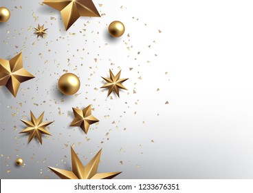 Vector illustration eps10 of happy new year and merry christmas 2019 background with star,chrsitmas ball,golden ribbon and confetti.