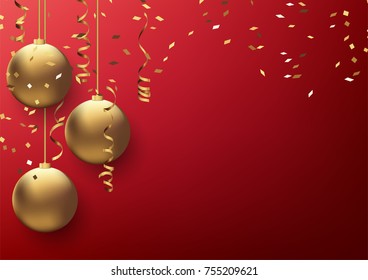 Vector illustration eps10 of happy new year and merry christmas 2018 background with star,chrsitmas ball,golden ribbon and confetti.